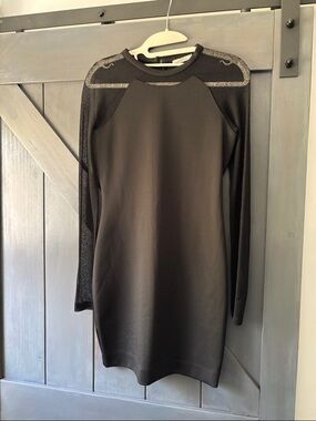 Zara Black Long-Sleeve Mesh-Shoulder Sheath Dress